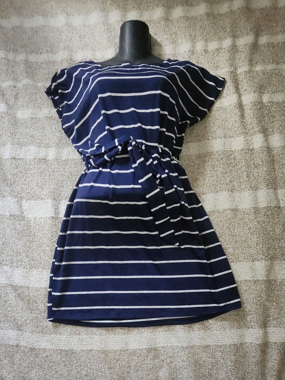 SHEIN Navy and White Striped Tie-Waist Mini Dress